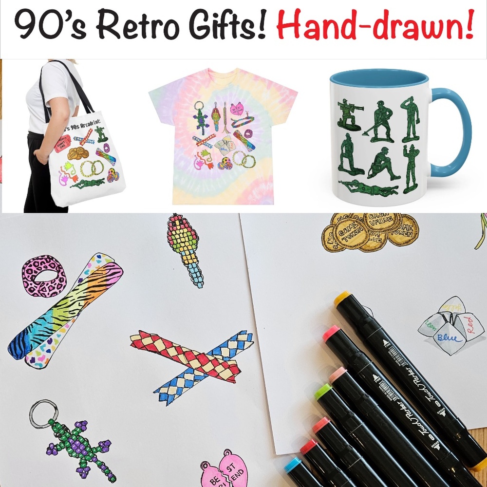 90s Retro Gift & Present Nostalgic Millennial Hand-Drawn Custom Mugs Shirt Totes - Picture 1 of 16
